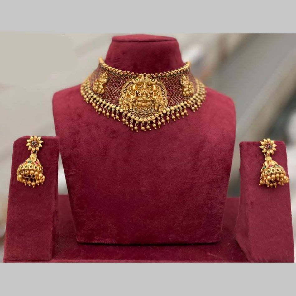 Gold Plated Pota Stone Temple Choker Necklace Set | Bridal Jewellery India