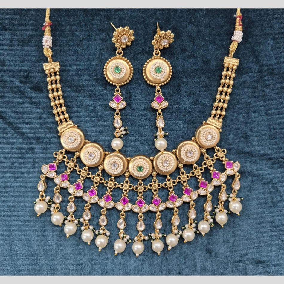 Pota Stone Pearl Necklace in Gold Plated | Bridal Jewellery India