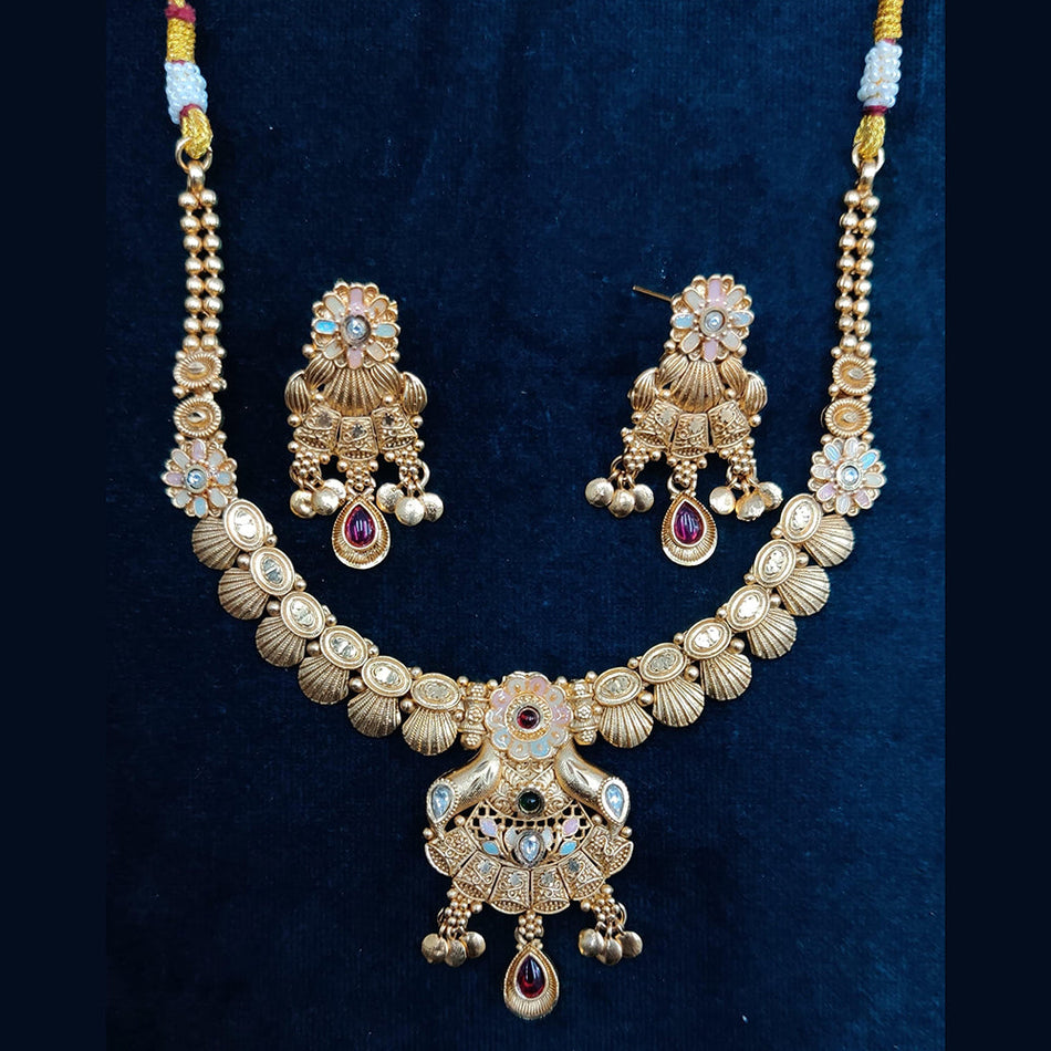 Gold Plated Pota Stone Meenakari Necklace Set | Bridal Jewellery India