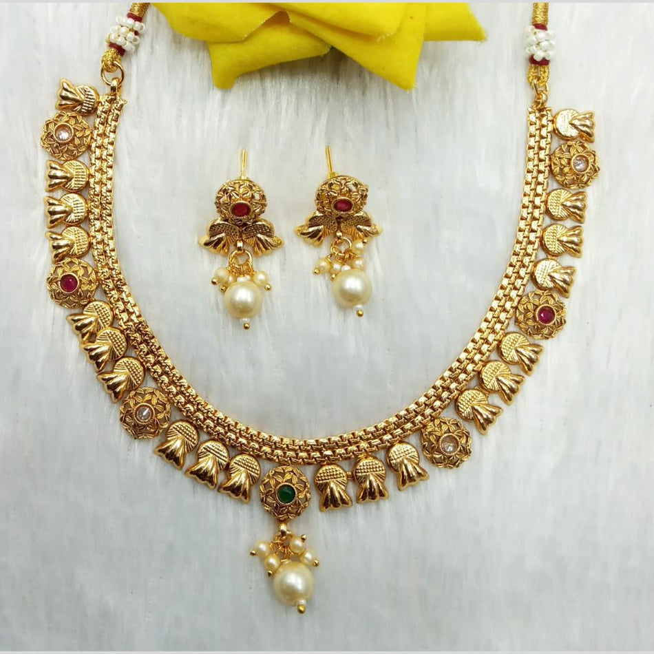 Gold Plated Pota Stone and Pearl Necklace Set | Bridal Jewellery India