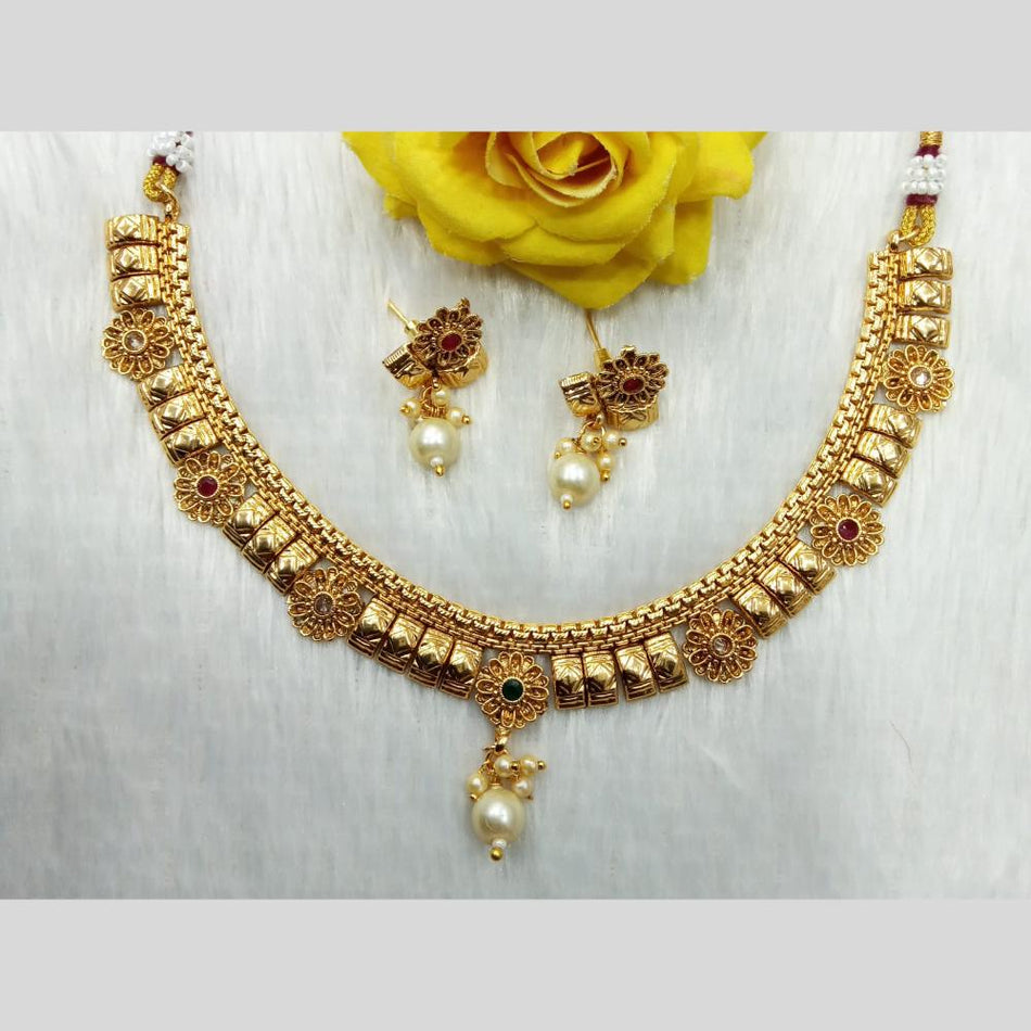 Gold Plated Pota Stone Pearl Necklace Set | Bridal Jewellery India
