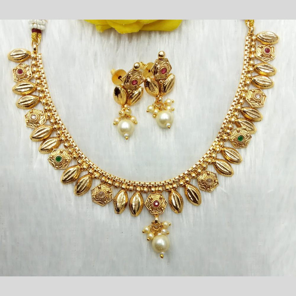 Gold Plated Pota Stone   Pearl Necklace Set | Bridal Jewellery India