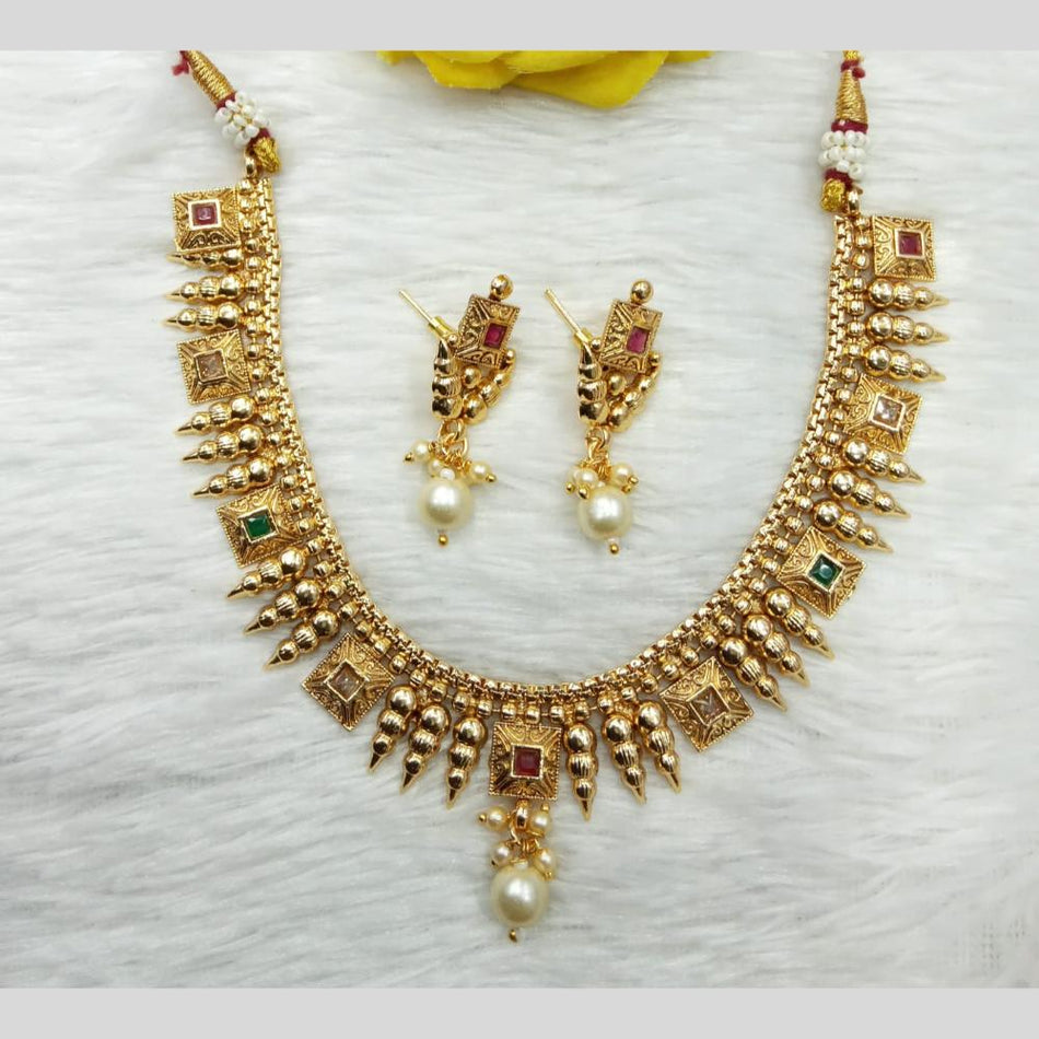Gold Plated Pota Stone and Pearl Necklace Set | Bridal Jewellery India