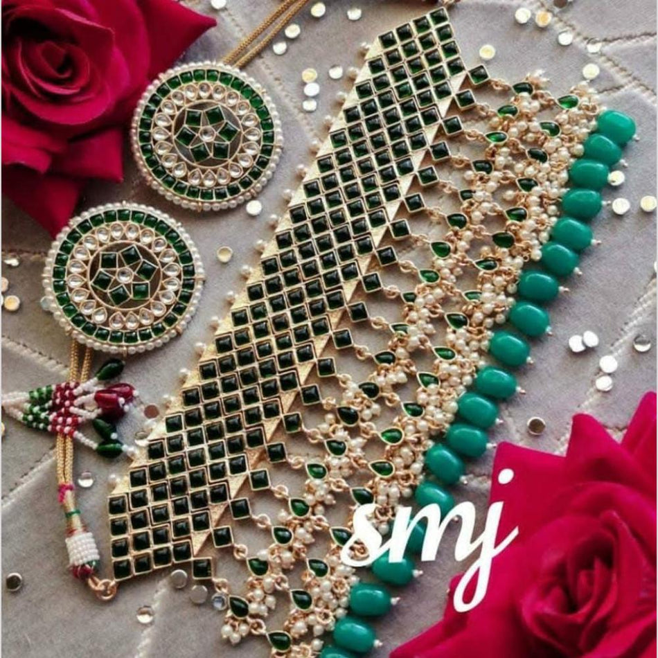 Gold Plated Pota Stone Choker Necklace | Bridal Jewellery India