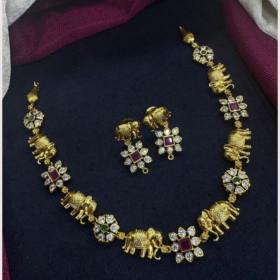 Royal Elephant Pota Stone Necklace in Gold Tone | Bridal Jewellery India