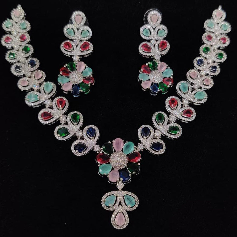 Floral American Diamond Necklace in White Gold Plated | Bridal Jewellery India