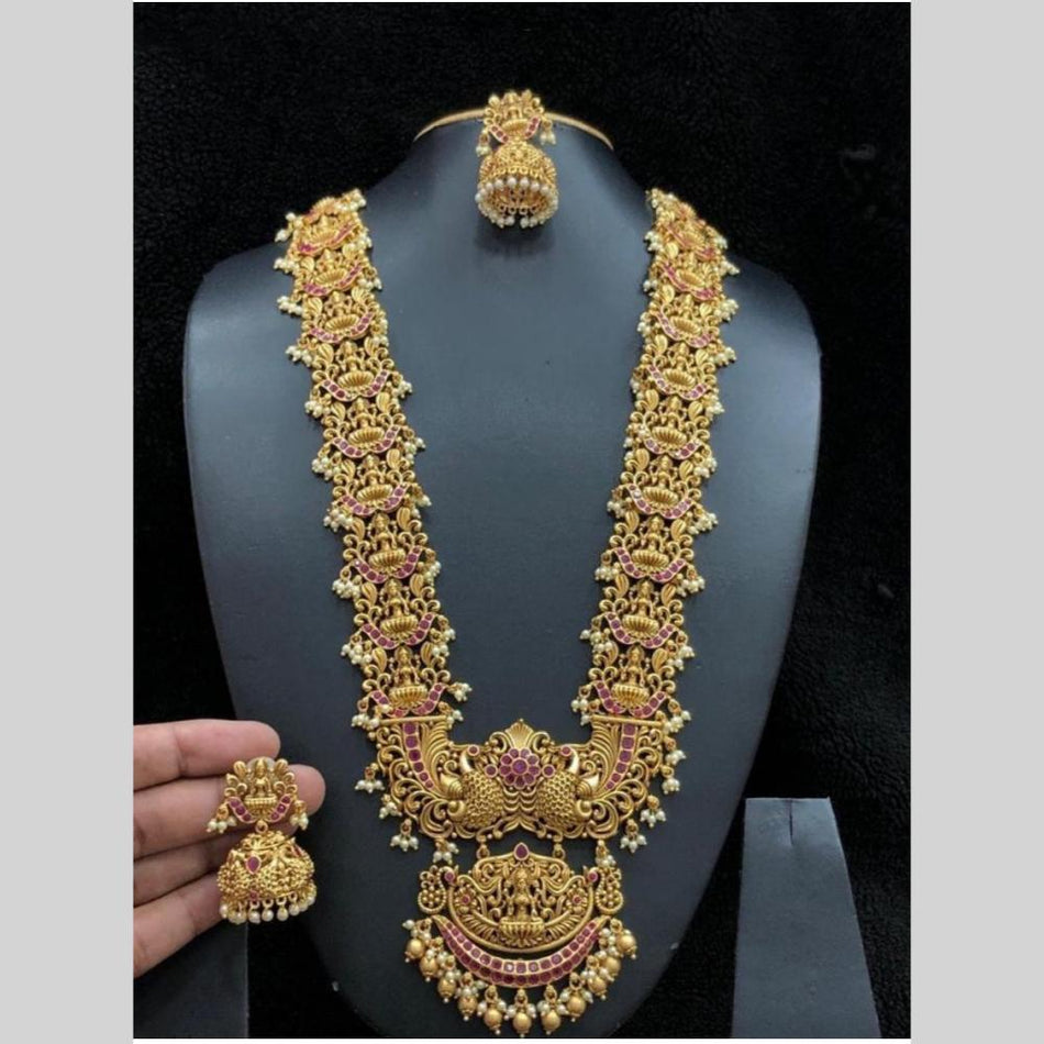 Rose Gold Plated Long Necklace with Goddess Motif Earrings | Bridal Jewellery India