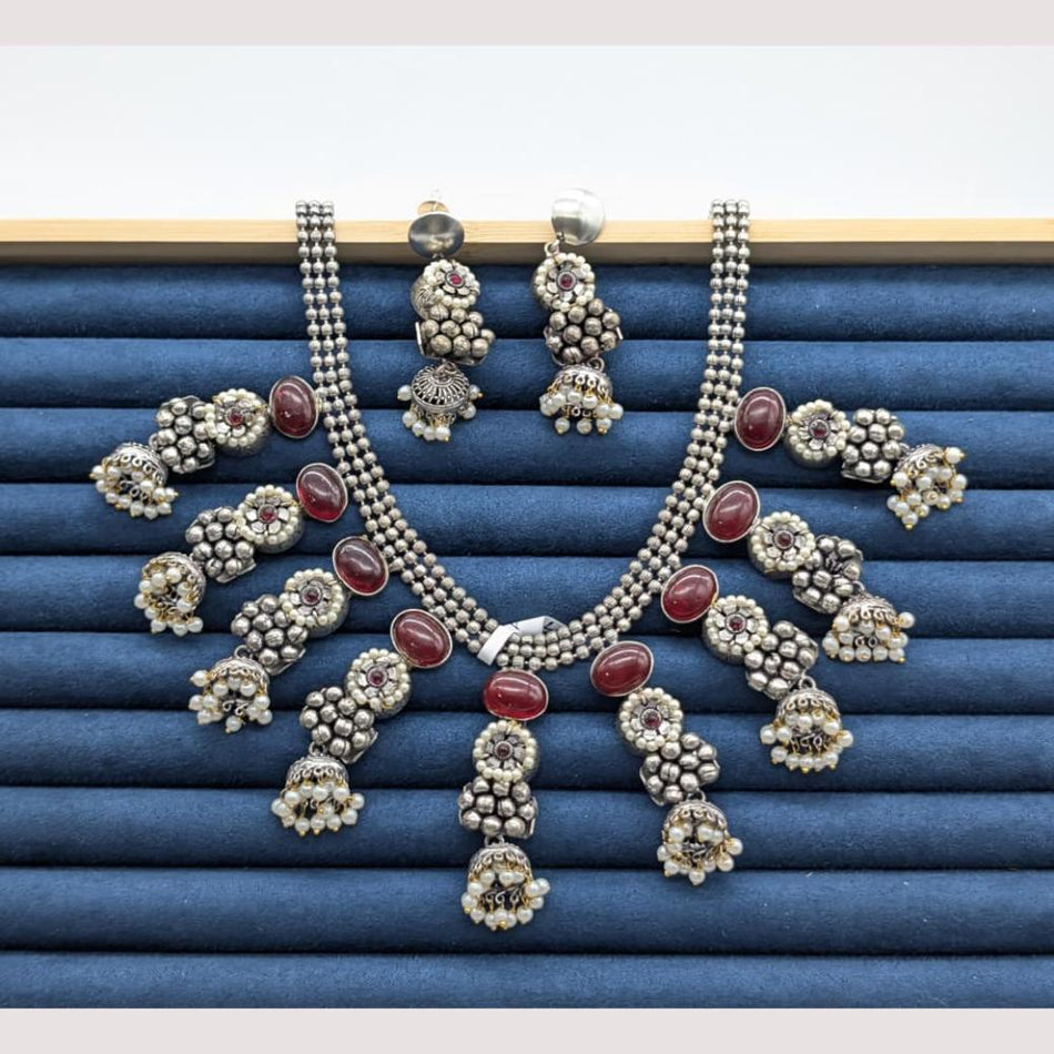 Pota Stone Necklace in Oxidised Silver | Bridal Jewellery India