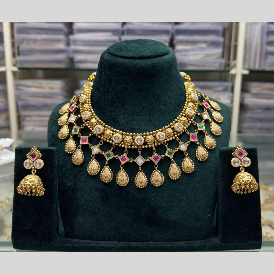 Ethnic Rose Gold Plated Pota Stone Necklace Set for Wedding | Bridal Jewellery India