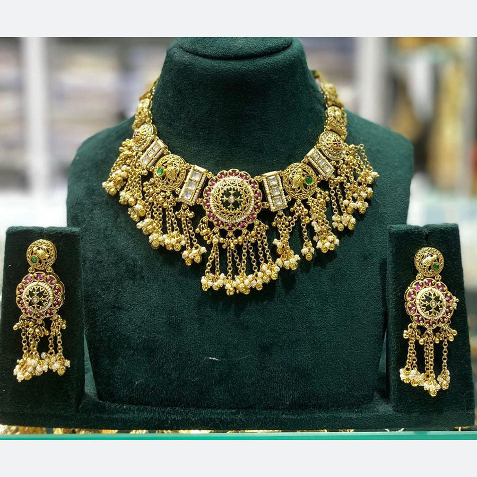 Ethnic Rose Gold Plated Pota Stone Necklace Set | Bridal Jewellery India