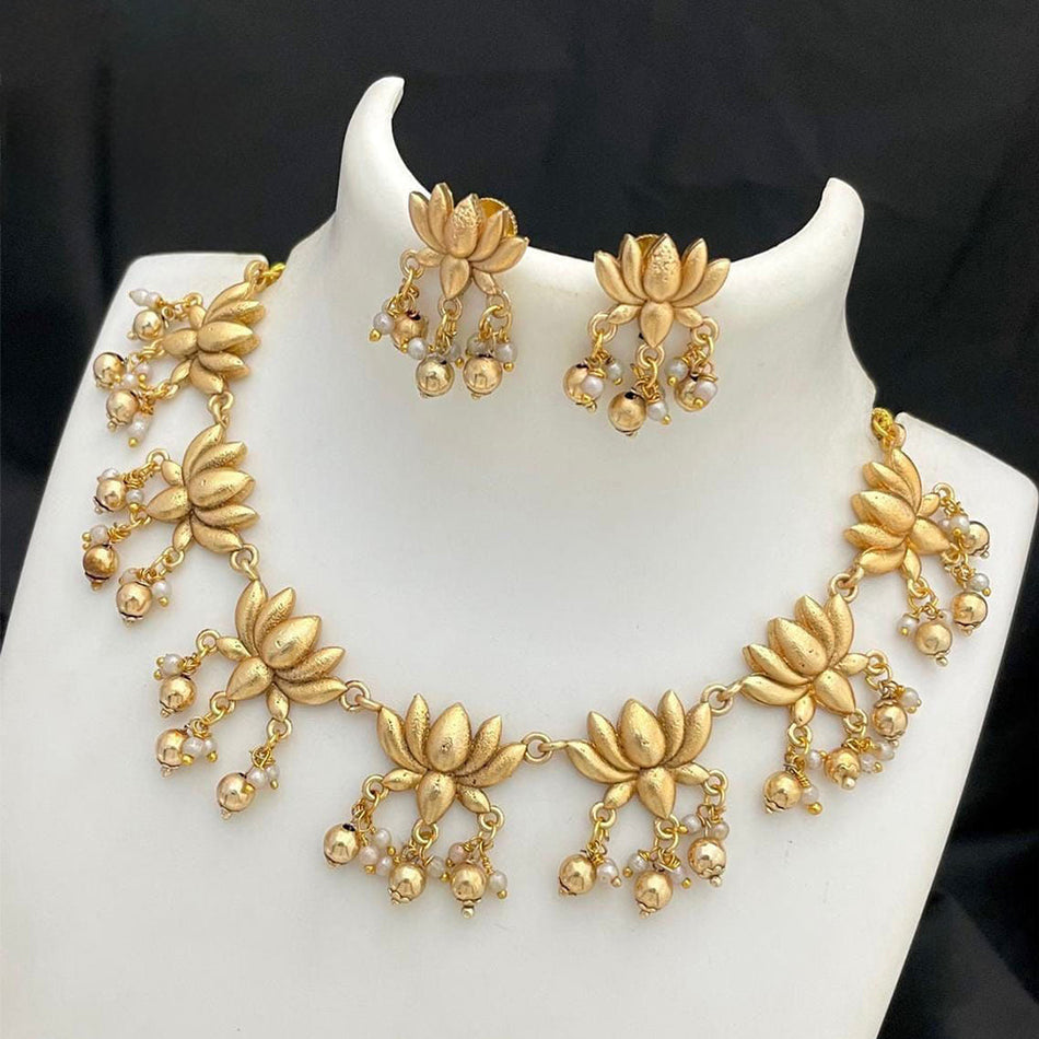 Ethnic Gold Plated Lotus Necklace Set for Cultural Wear | Bridal Jewellery India