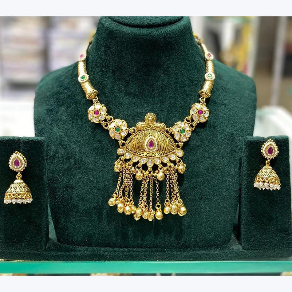 Kundan Choker Necklace in Gold Plated with Ghungroo Drops | Bridal Jewellery India