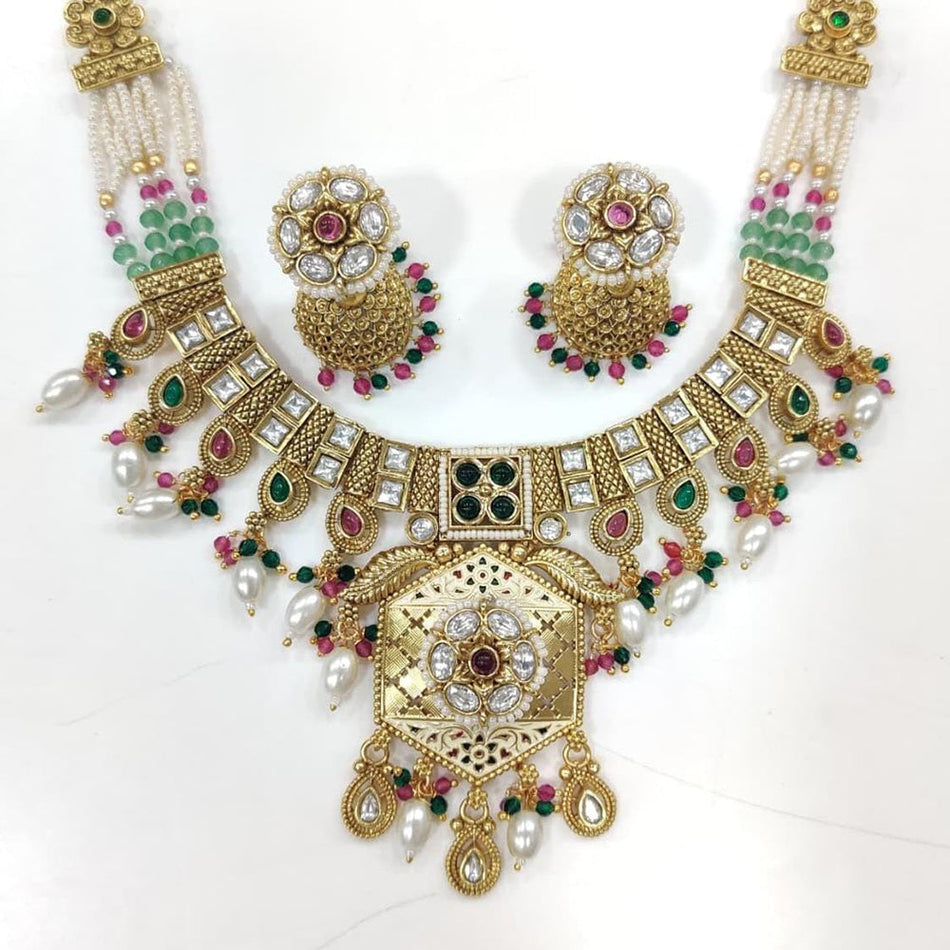 Kundan Necklace in Gold Plated with Pearl Earrings Bridal | Bridal Jewellery India