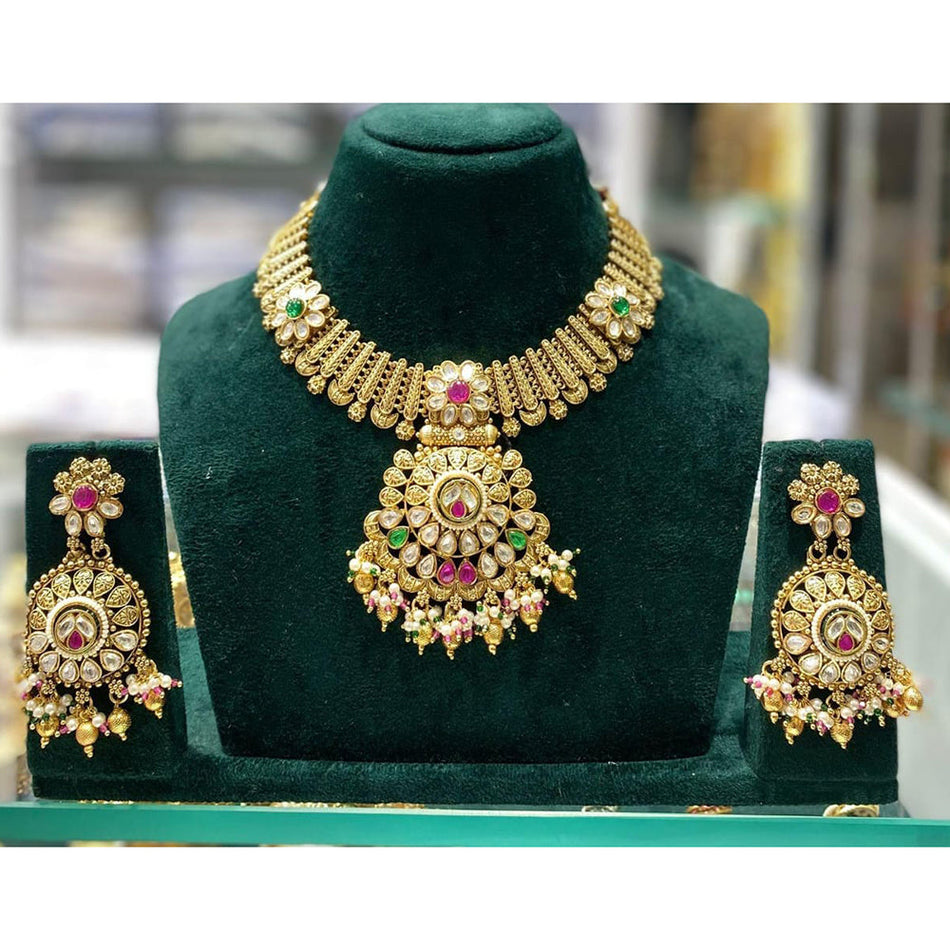 Rose Gold Plated Pota Necklace Set with Matching Earrings | Bridal Jewellery India