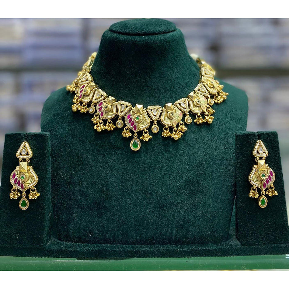 Elegant Rose Gold Plated Pota Stone Necklace Set | Bridal Jewellery India