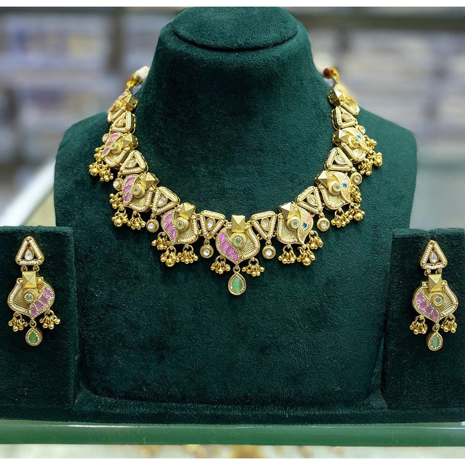 Elegant Rose Gold Plated Pota Stone Necklace Set | Bridal Jewellery India