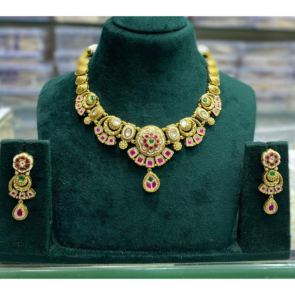 Rose Gold Plated Pota Stone Necklace Set | Bridal Jewellery India