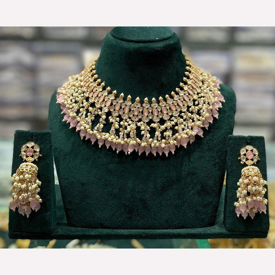 Pota Stone Pearl Necklace in Gold Tone | Bridal Jewellery India