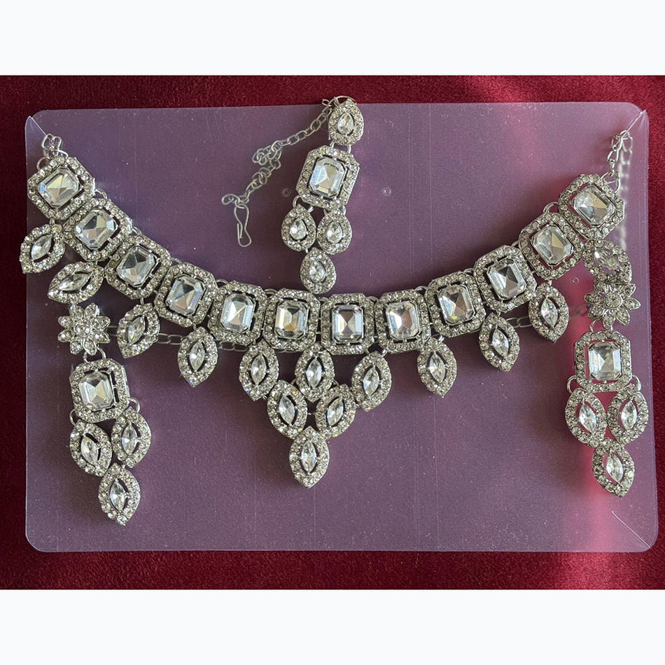 Rhodium Plated Austrian Stone Necklace Set | Bridal Jewellery India