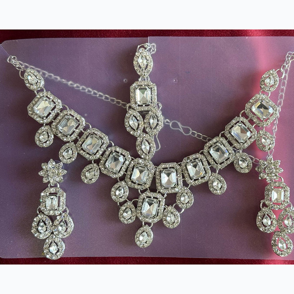 Rhodium Plated Austrian Stone Necklace Set | Bridal Jewellery India