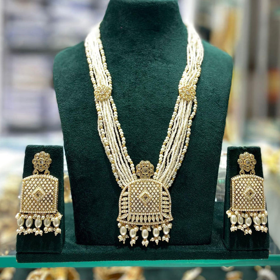 Crystal Stone and Pearl Long Necklace Set in Oxidised Silver | Bridal Jewellery India