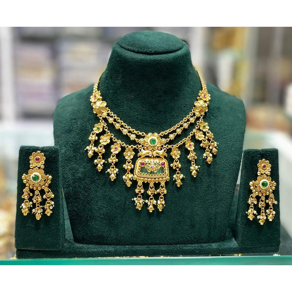 Pota Stone Pearl Necklace in Rose Gold Plated | Bridal Jewellery India