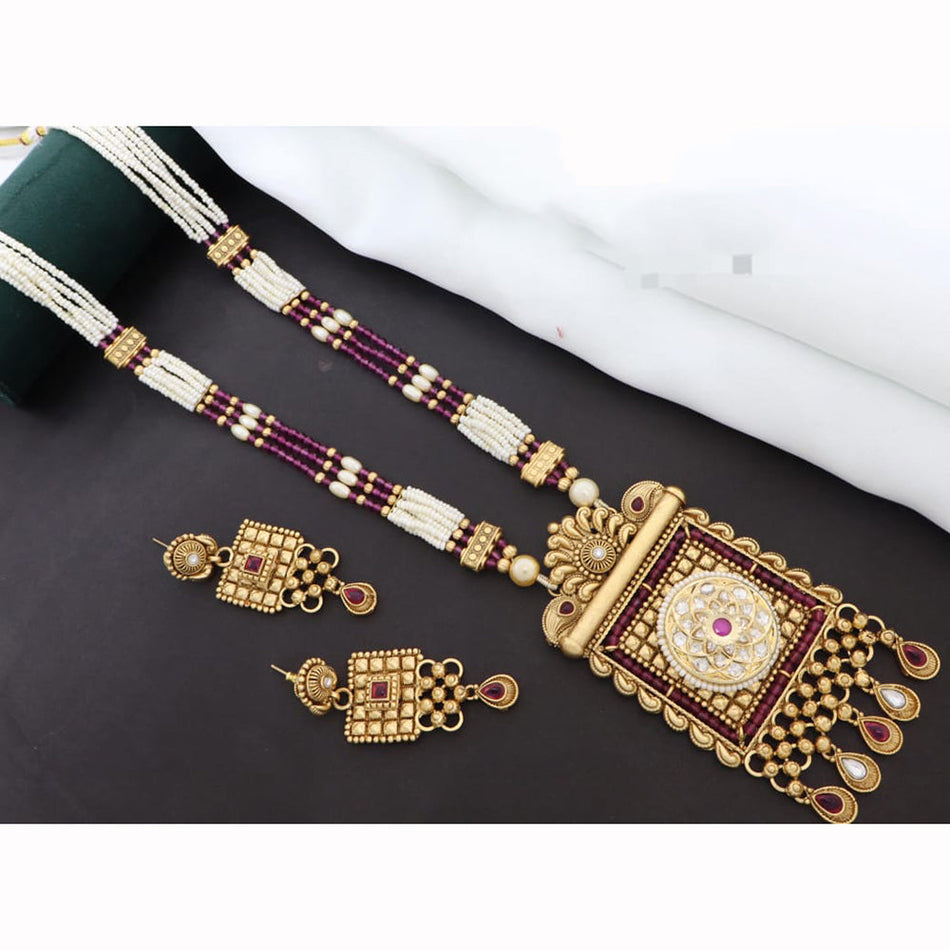 Pota Stone Long Necklace in Rose Gold Plated | Bridal Jewellery India