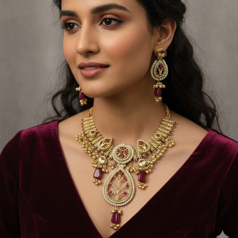 Pota Stone   Pearl Necklace in 14K Gold Plated | Bridal Jewellery India