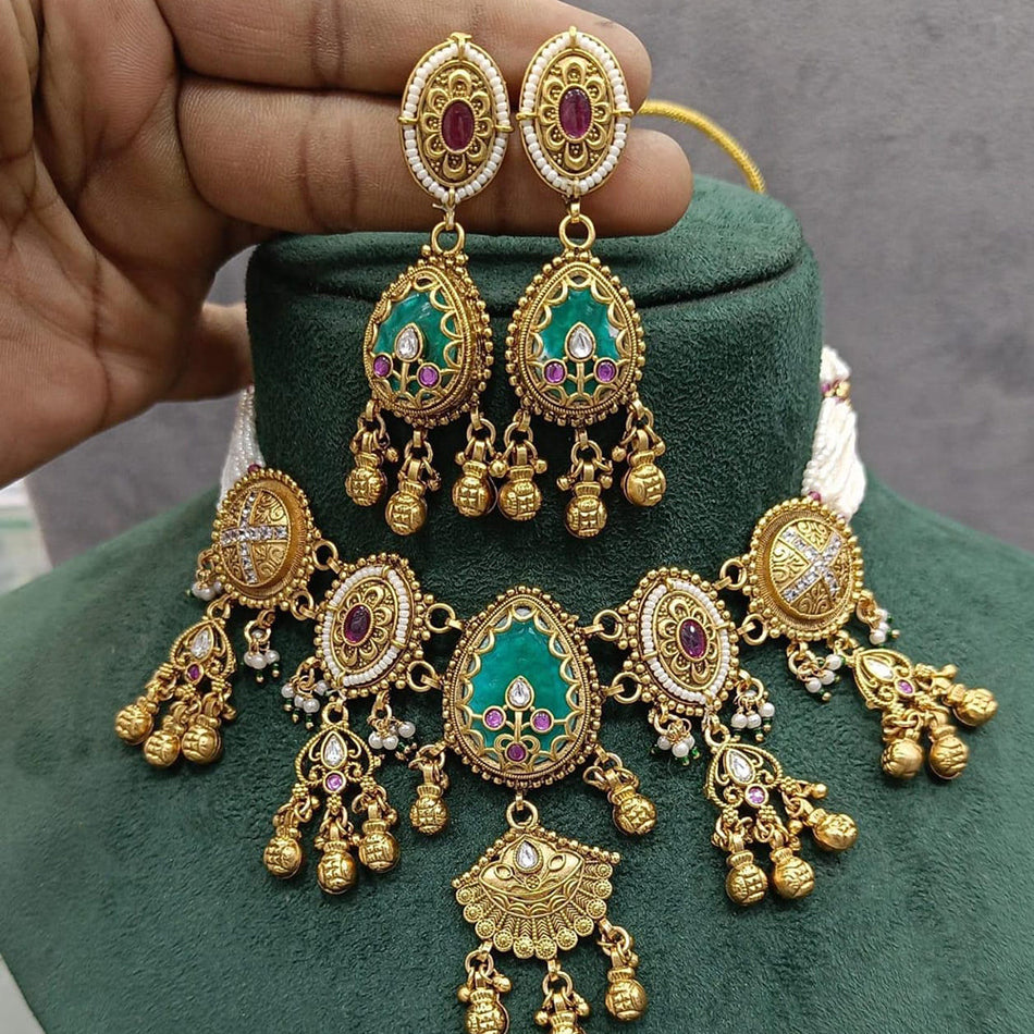 Rose Gold Plated Pota Pearl Choker Necklace Set | Bridal Jewellery India