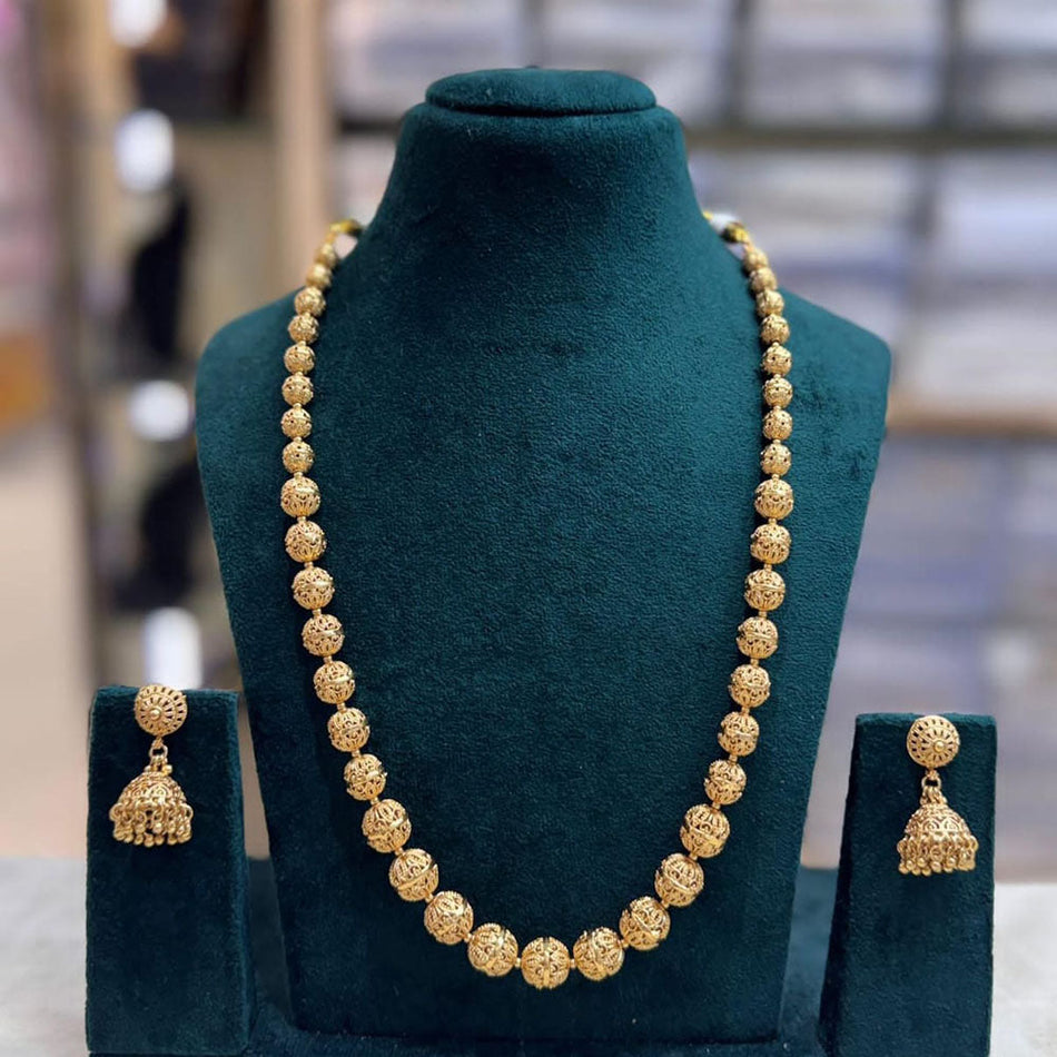 Elegant Rose Gold Plated Beaded Long Necklace Set | Bridal Jewellery India