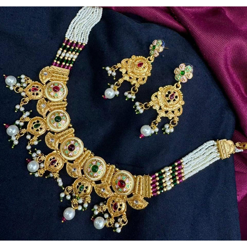 Meenakari Pearl Necklace in Rose Gold Plated | Bridal Jewellery India