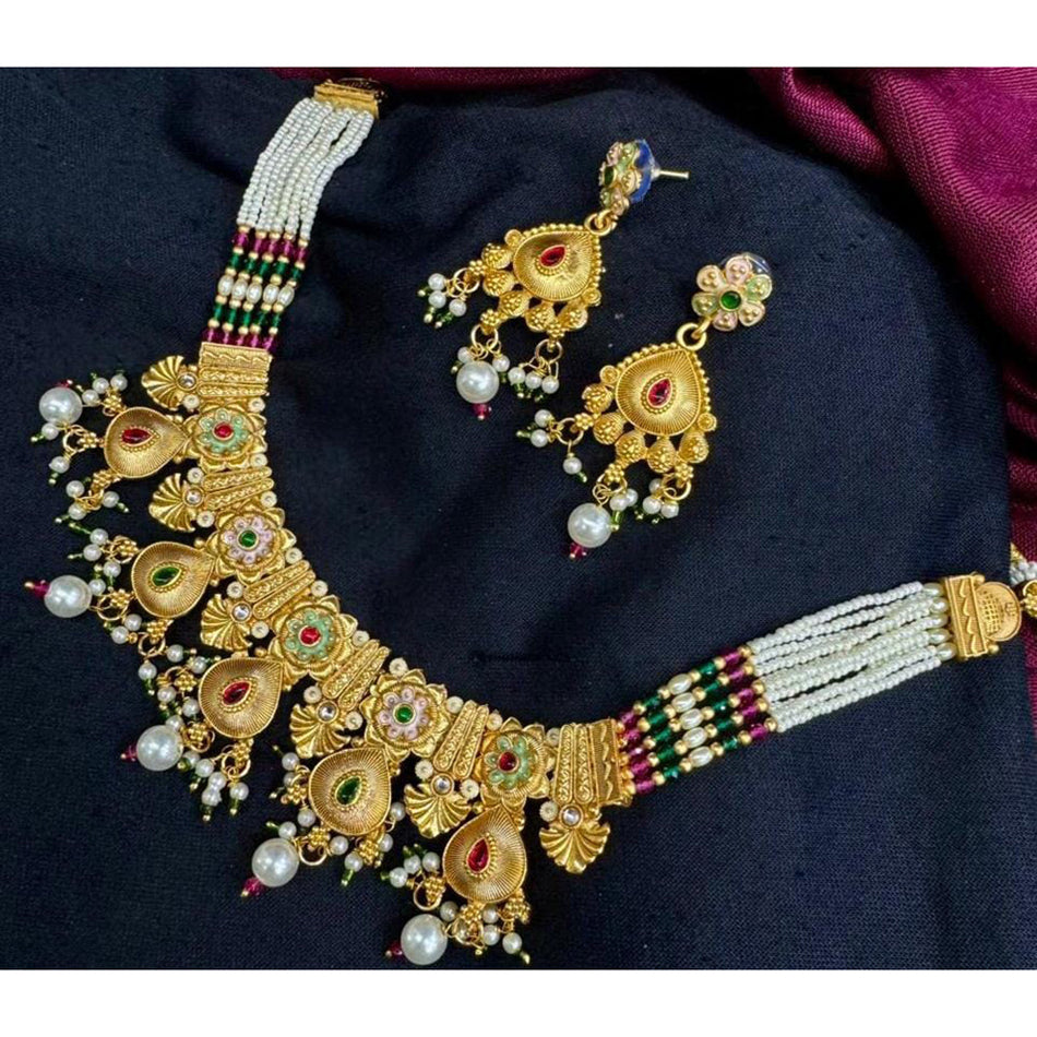 Pota Necklace in Gold Tone with Meenakari Pearls | Bridal Jewellery India