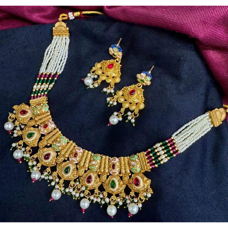 Pota Necklace in Gold Tone with Meenakari Pearl | Bridal Jewellery India