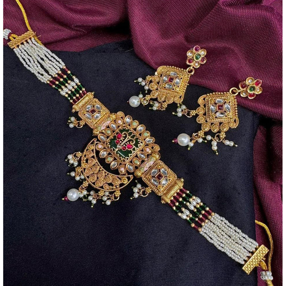 Meenakari Pearl Choker in Rose Gold Plated | Bridal Jewellery India
