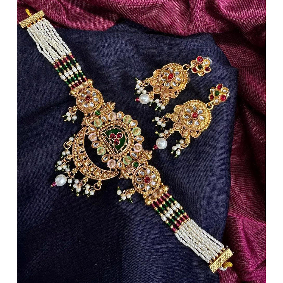 Meenakari Pearl Choker in Silver with Pota Stone | Bridal Jewellery India