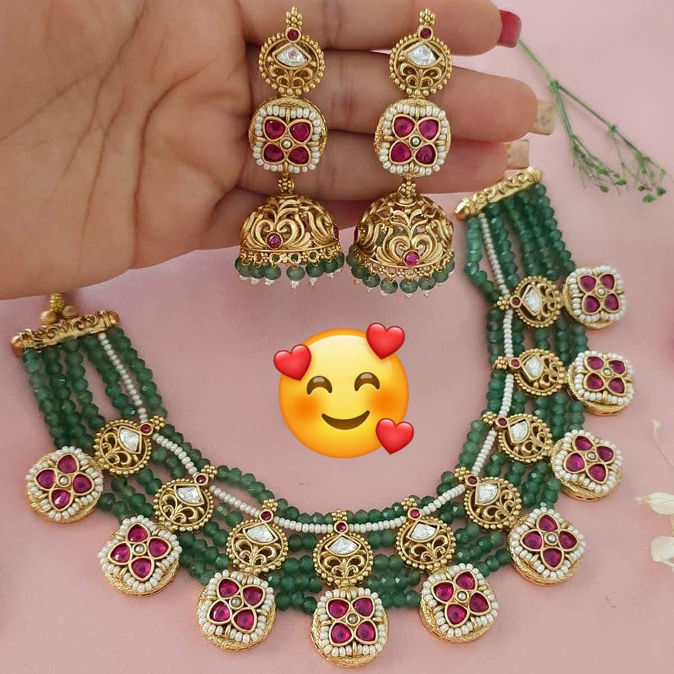 Glam Pota Stone Pearl Necklace in Silver | Bridal Jewellery India