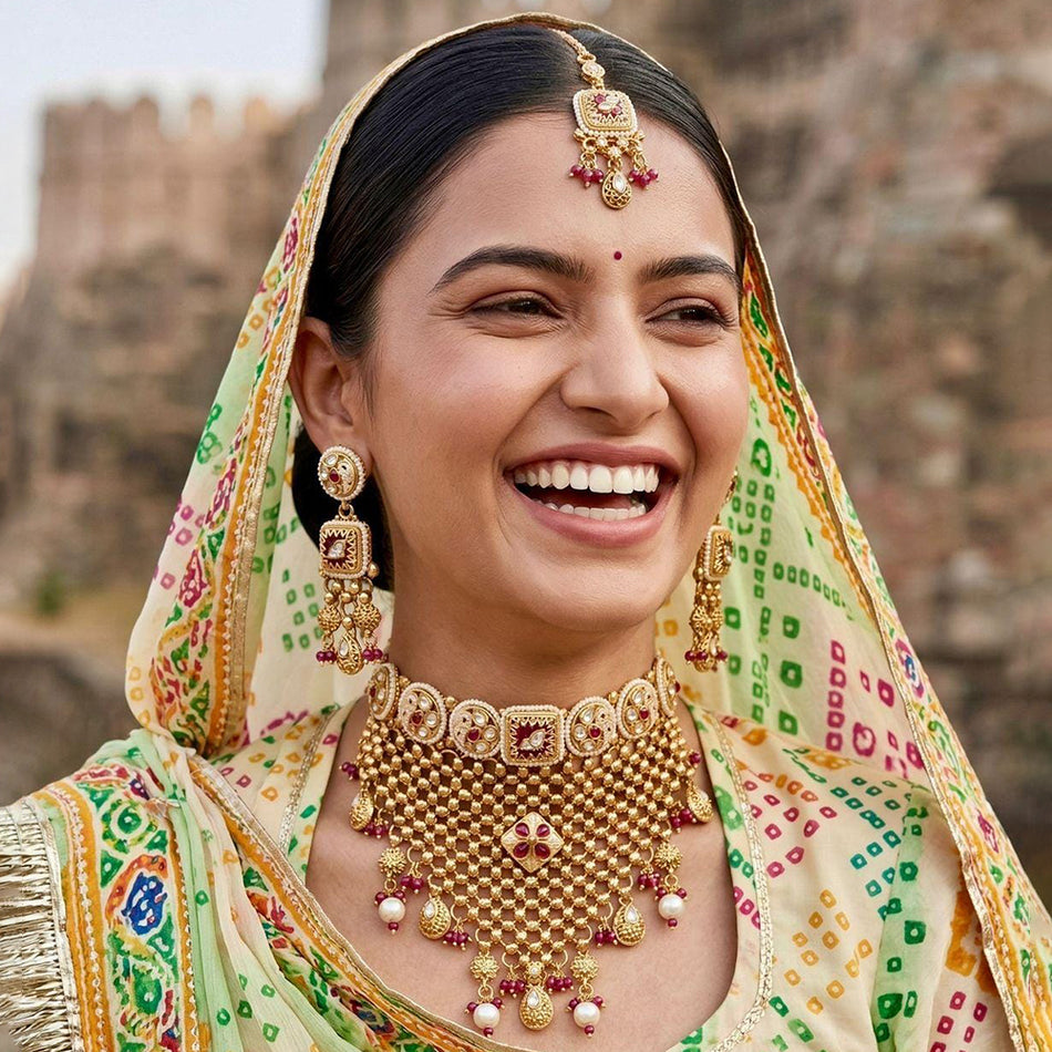Kundan Choker Necklace in White Gold Plated | Bridal Jewellery India