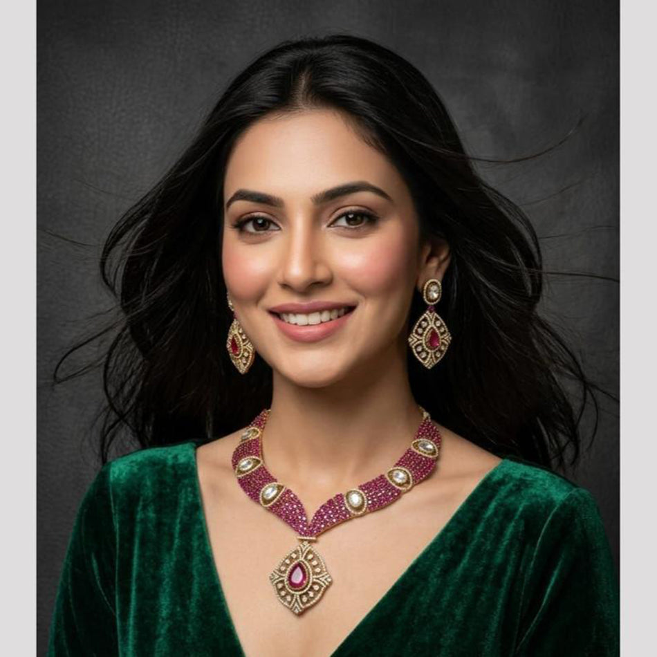 Kundan Necklace in Gold Plated with Polki Diamonds | Bridal Jewellery India
