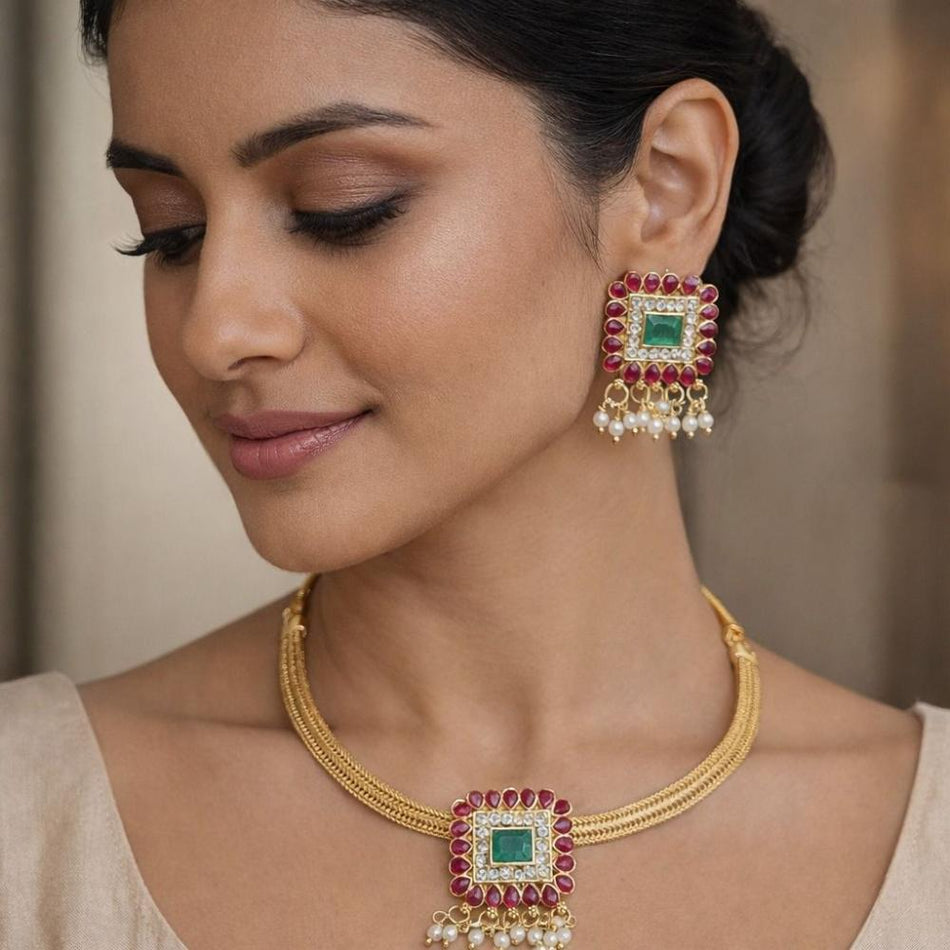 Pota Stone Necklace in Oxidised Silver | Bridal Jewellery India