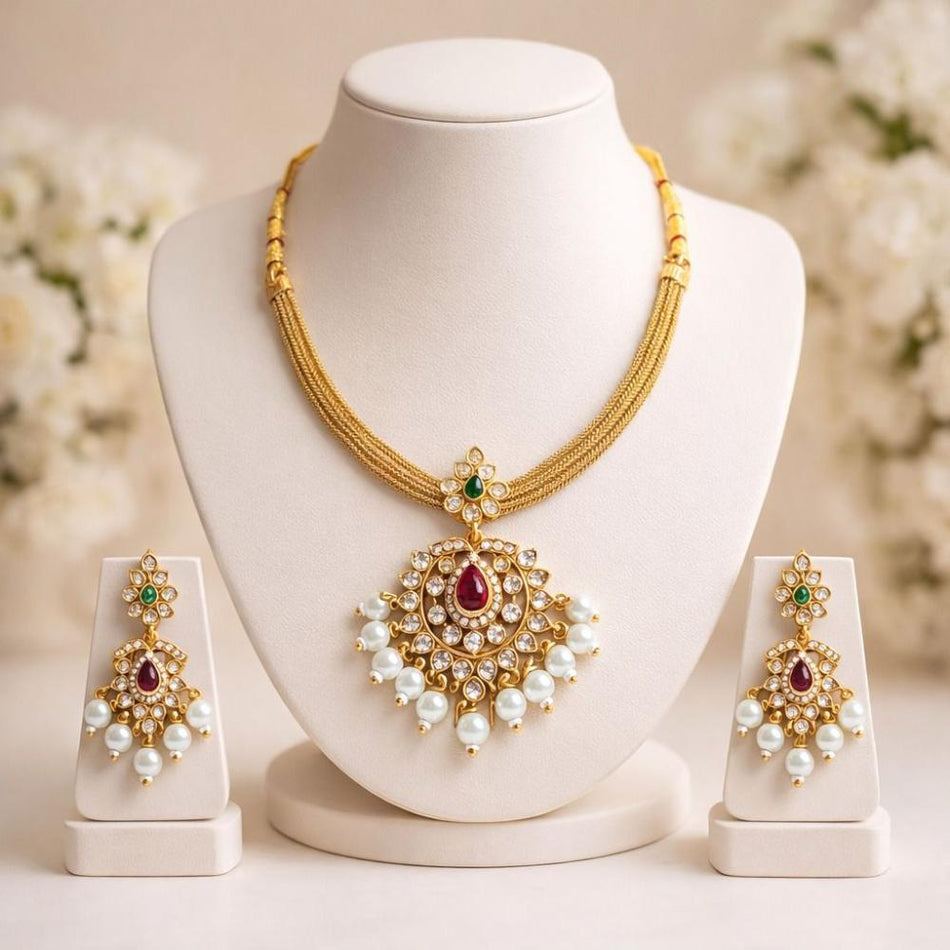 Pota Stone Necklace in Silver | Bridal Jewellery India