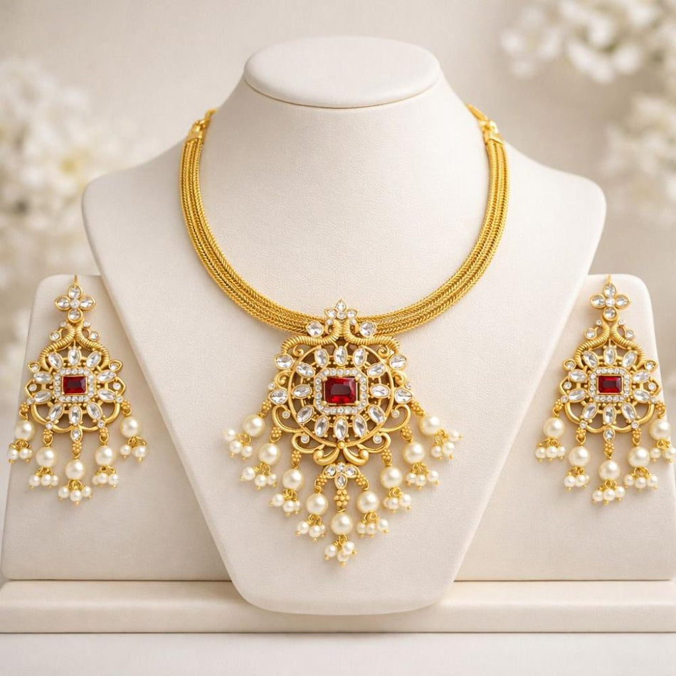 Pota Stone Necklace in Gold Tone | Bridal Jewellery India