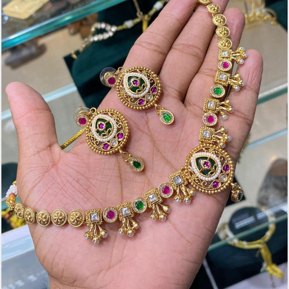 Pota Stone Necklace in Silver with Beads | Bridal Jewellery India