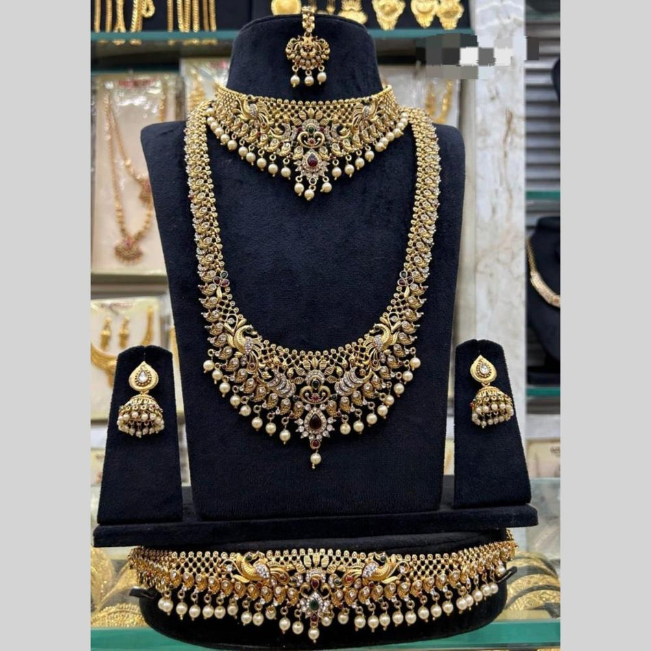 Pota Stone and Pearl Necklace in White Gold Plated | Bridal Jewellery India