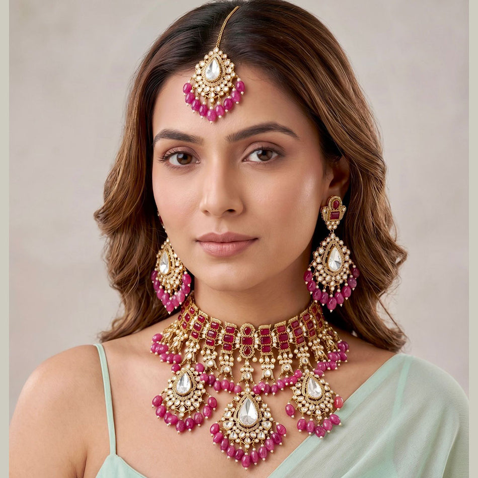 Rose Gold Plated Necklace Set with Pota Stones for Lehenga Wear | Bridal Jewellery India