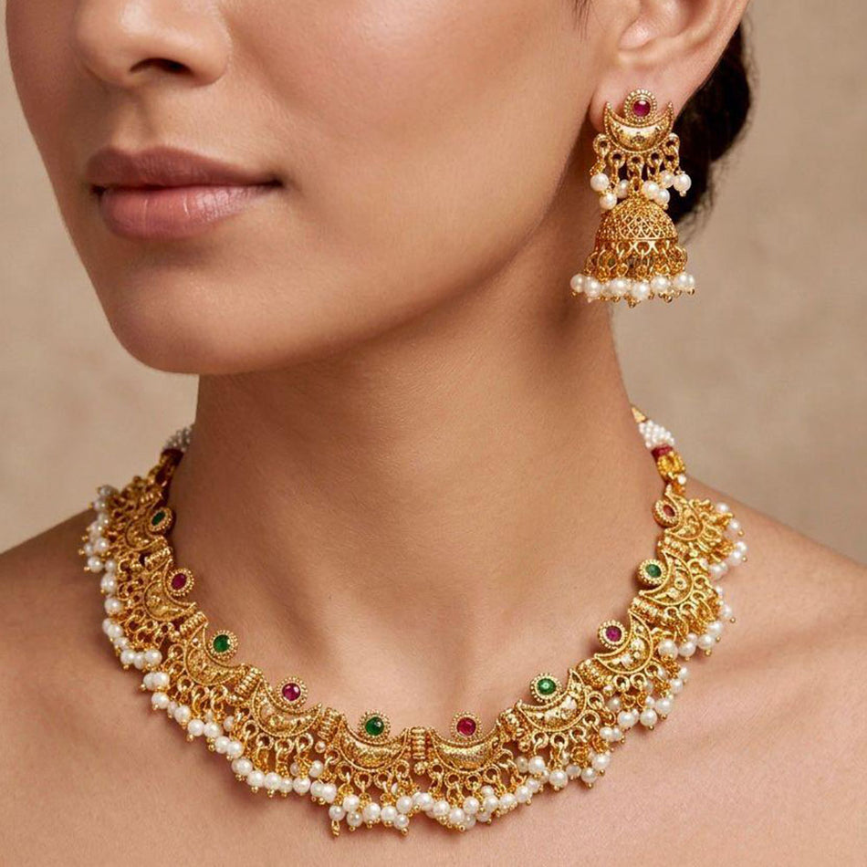 Pota Stone Pearl Necklace in Gold Tone | Bridal Jewellery India