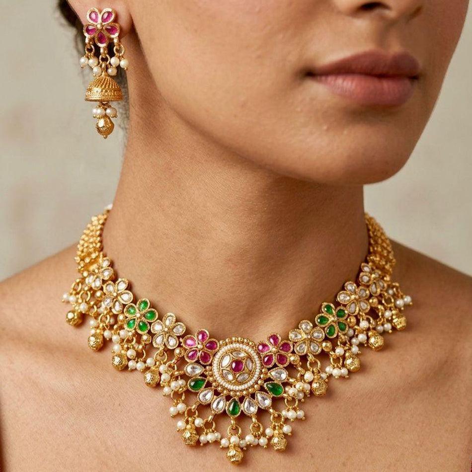 Pota Stone and Pearl Necklace in Sterling Silver | Bridal Jewellery India