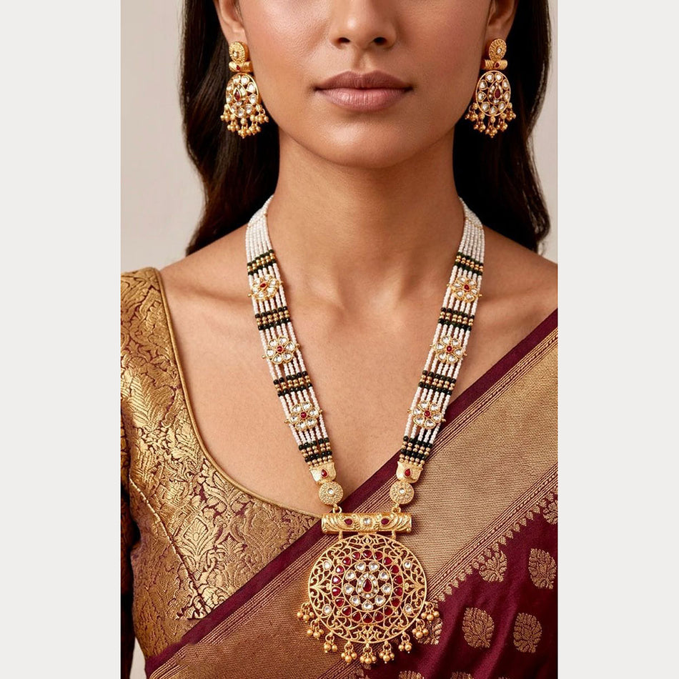 Pota Stone   Pearl Necklace in Gold Tone | Bridal Jewellery India