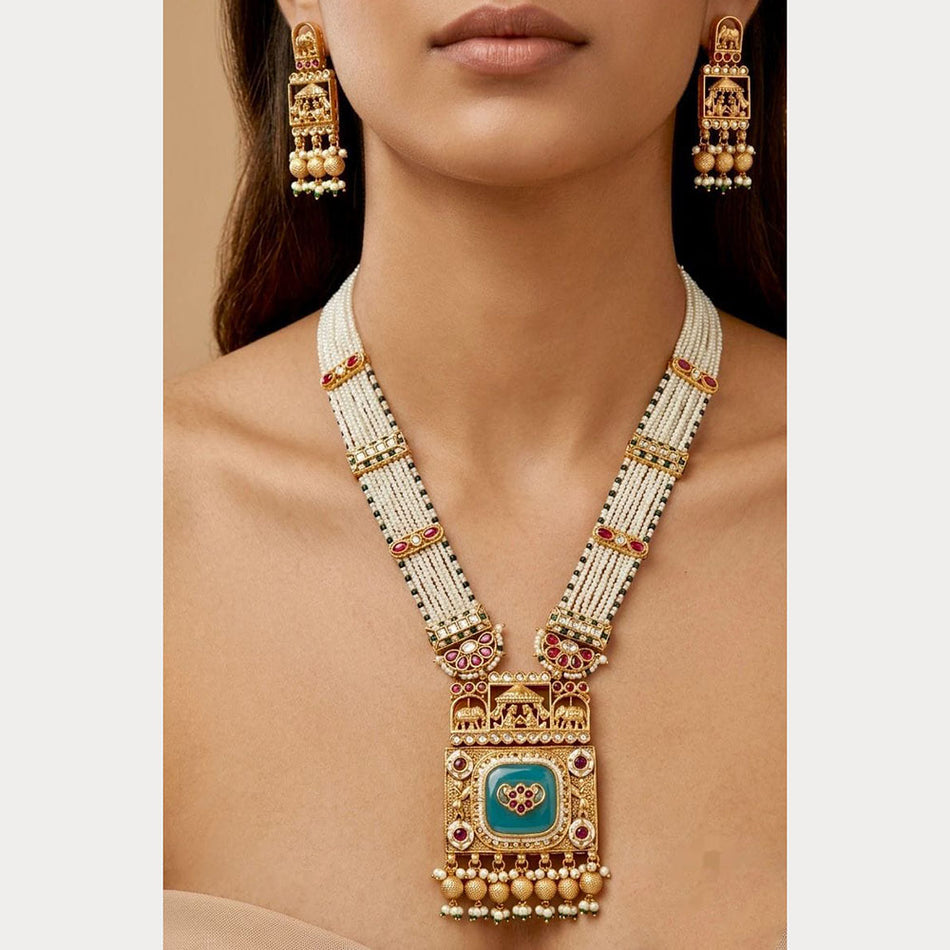 Pota Stone   Pearl Necklace in Gold Tone | Bridal Jewellery India