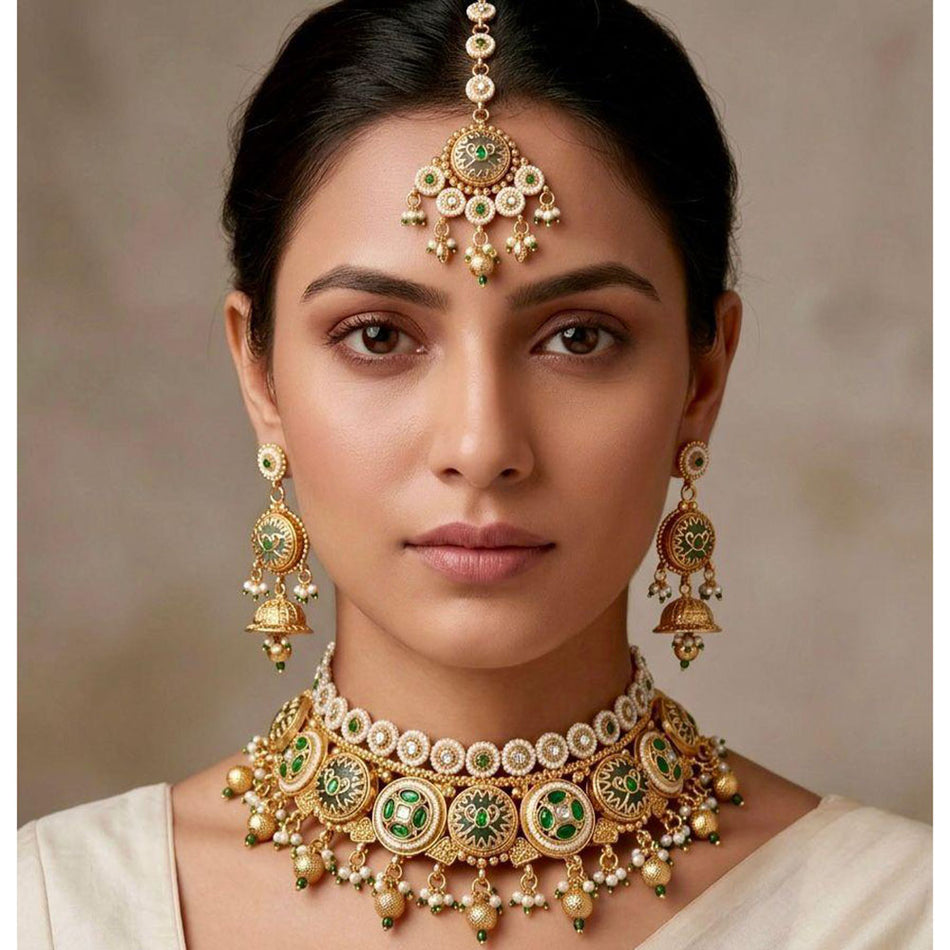 Pota Stone Choker Necklace in Premium Rose Gold Plated | Bridal Jewellery India