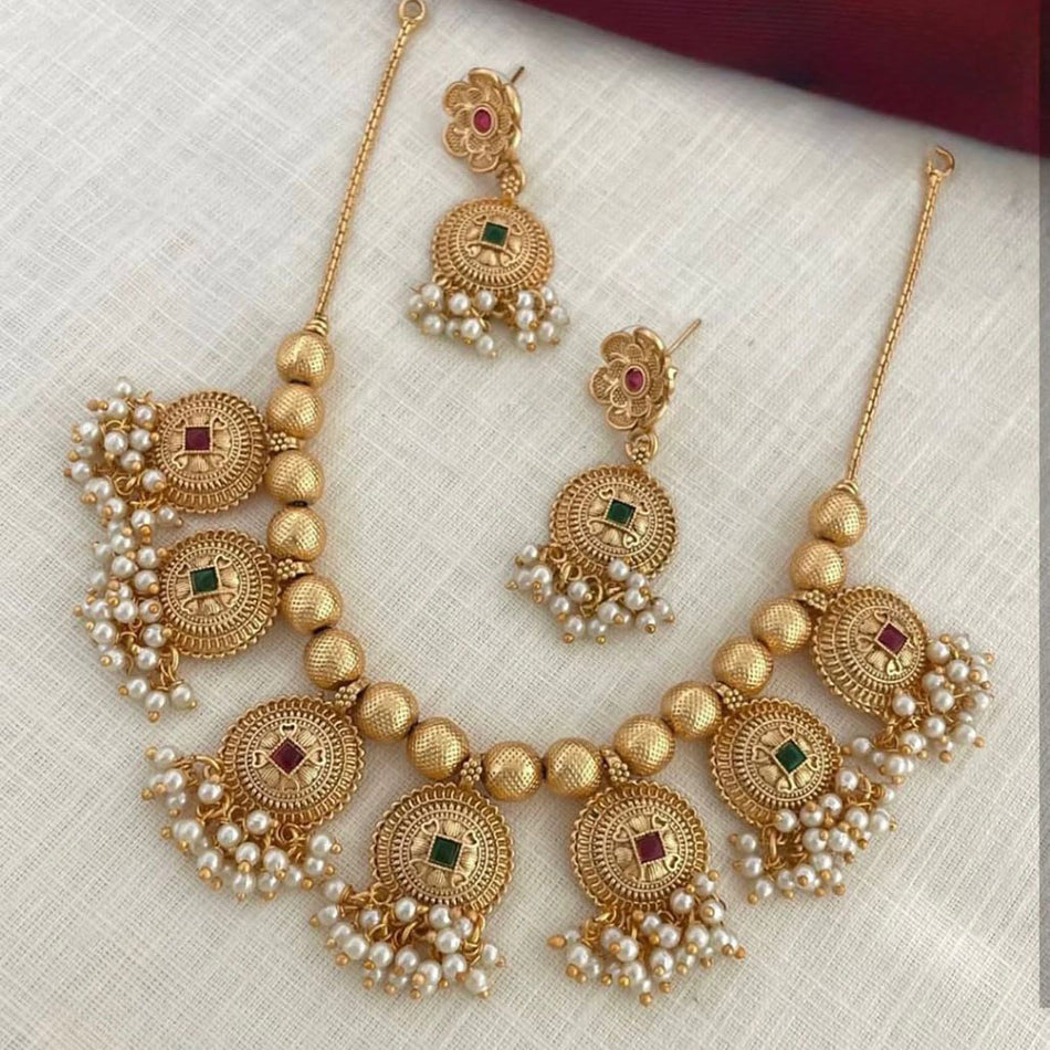 Rose Gold Plated Pota Stone Pearl Choker Necklace Set | Bridal Jewellery India